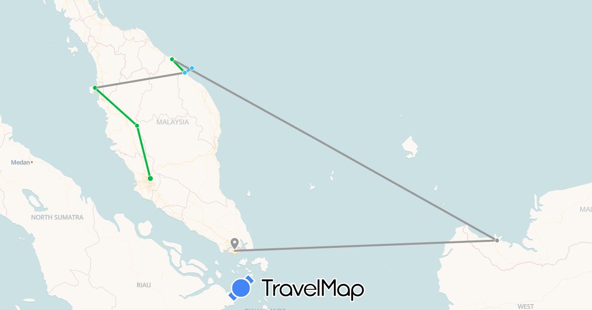 TravelMap itinerary: driving, bus, plane, boat in Malaysia, Singapore (Asia)